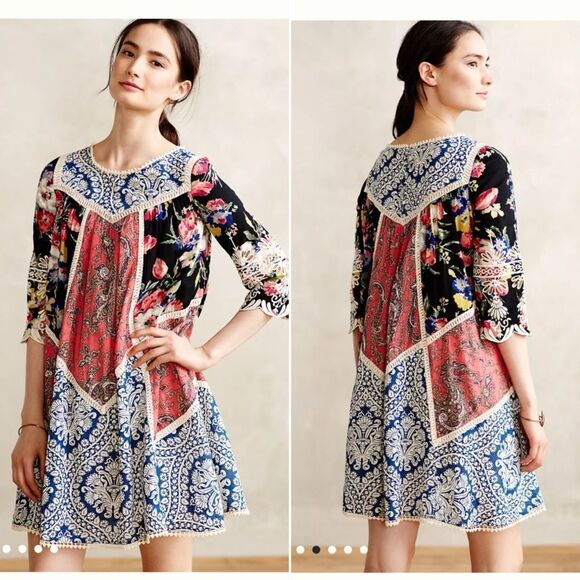 Anthropologie Inez Swing Dress by Vanessa Virginia Patchwork Multicolor Size 2 - Picture 1 of 16